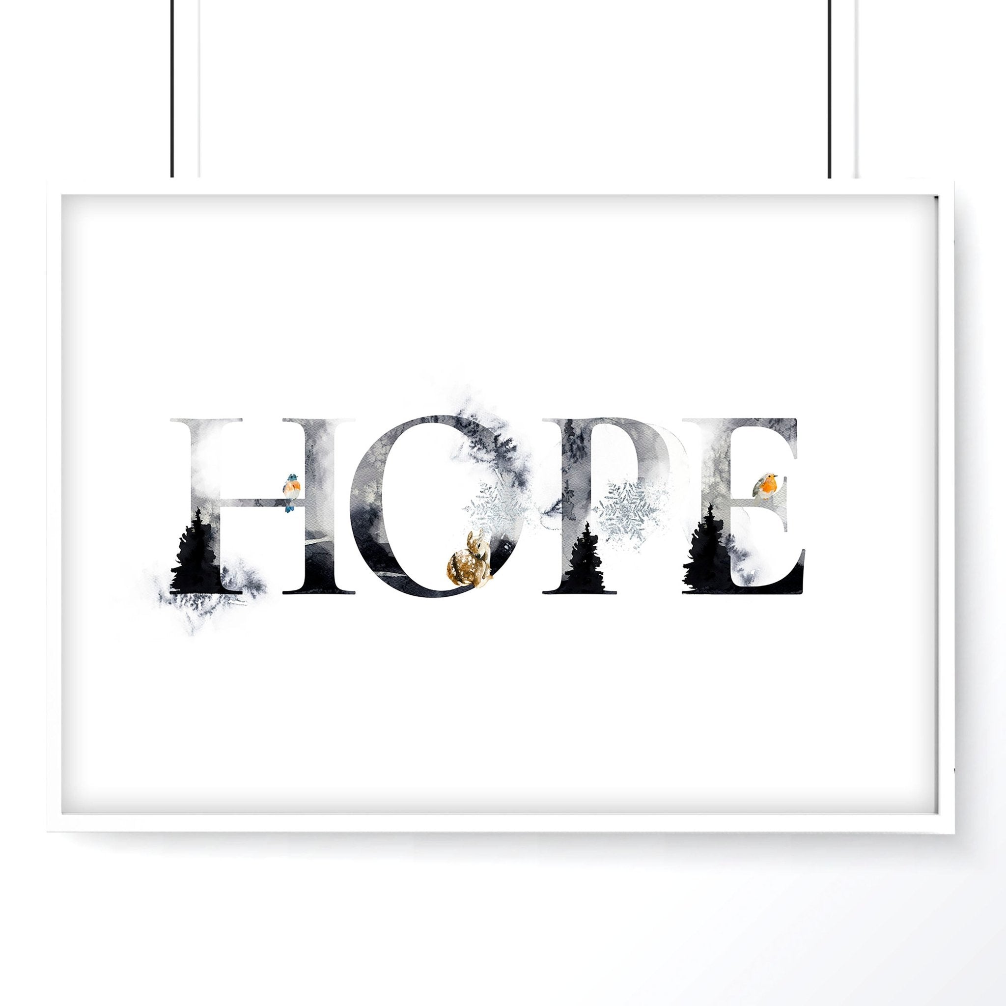 Hope Wall Art Print featuring Scandinavian design with grayscale and golden accents, perfect for Christmas decor.