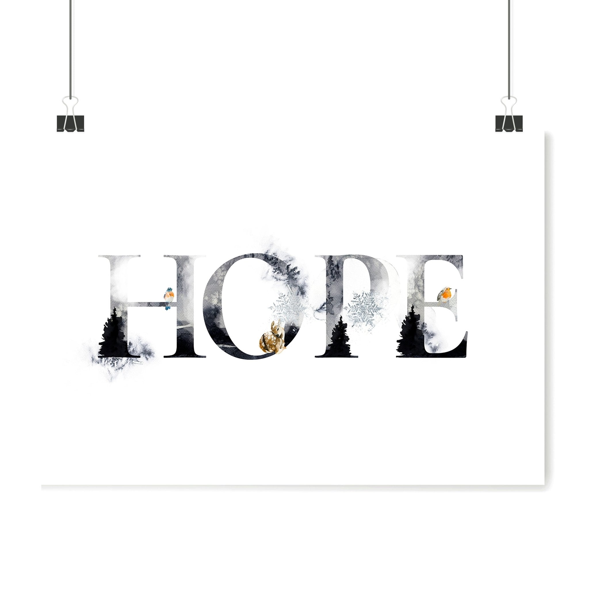 Hope Wall Art Print featuring Scandinavian design with grayscale and golden accents, perfect for Christmas decor.