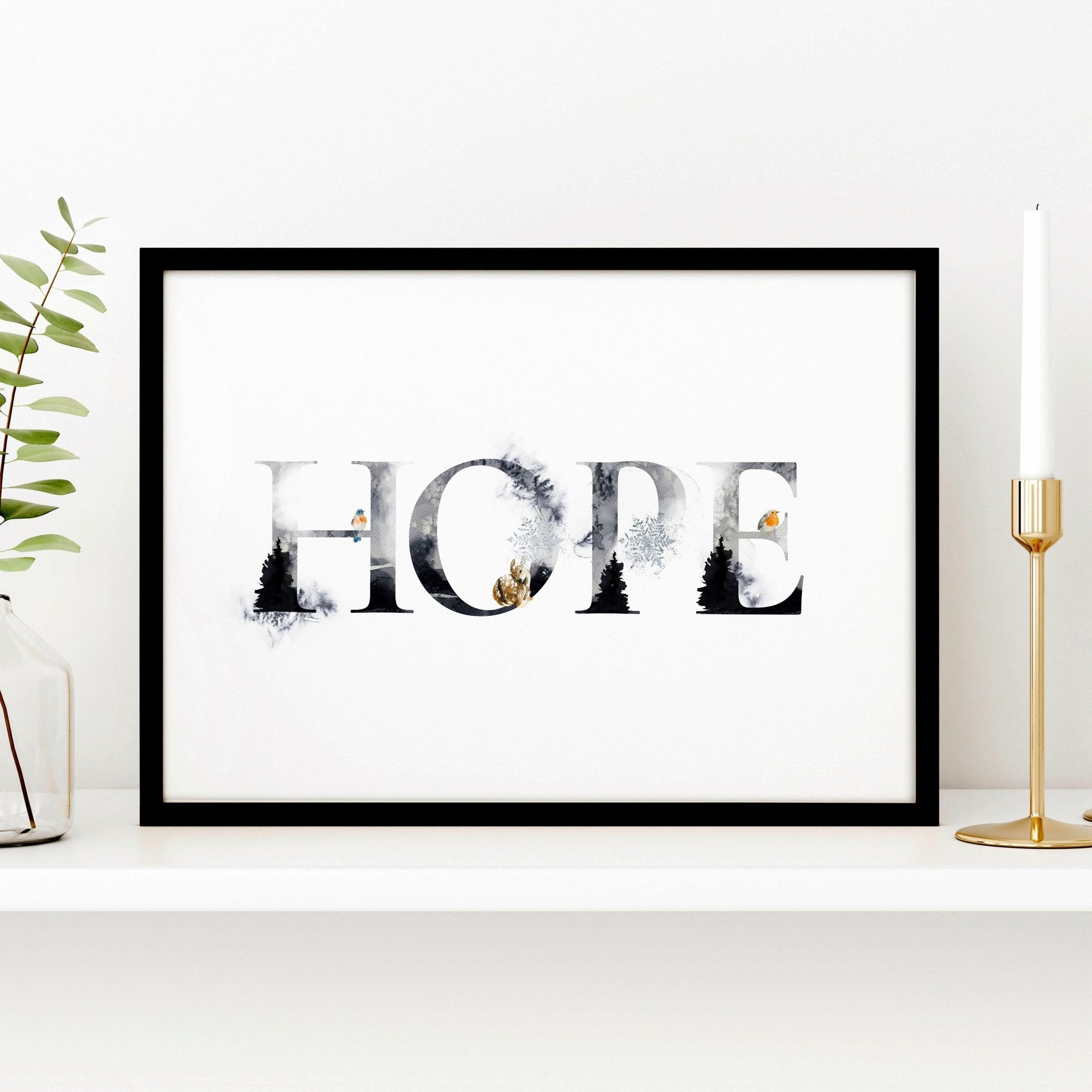 Hope Wall Art Print featuring Scandinavian design with grayscale and golden accents, perfect for Christmas decor.