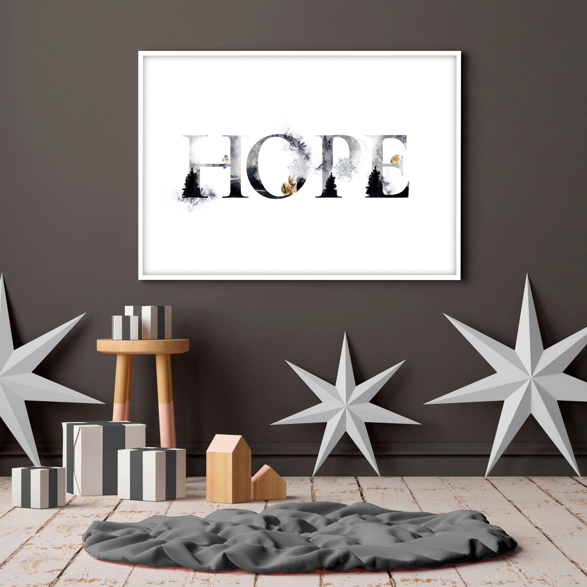 Hope Wall Art Print featuring Scandinavian design with grayscale and golden accents, perfect for Christmas decor.