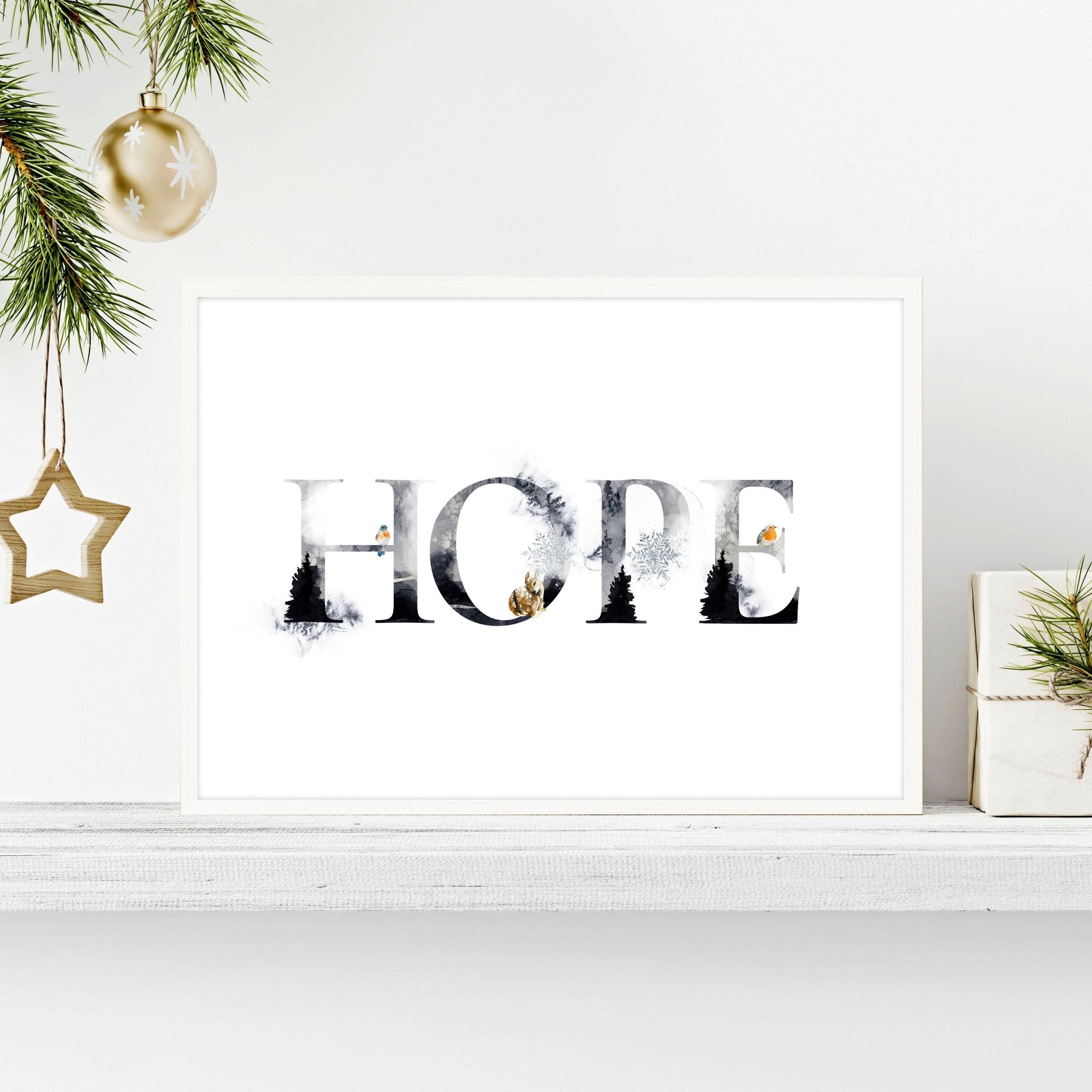 Hope Wall Art Print featuring Scandinavian design with grayscale and golden accents, perfect for Christmas decor.