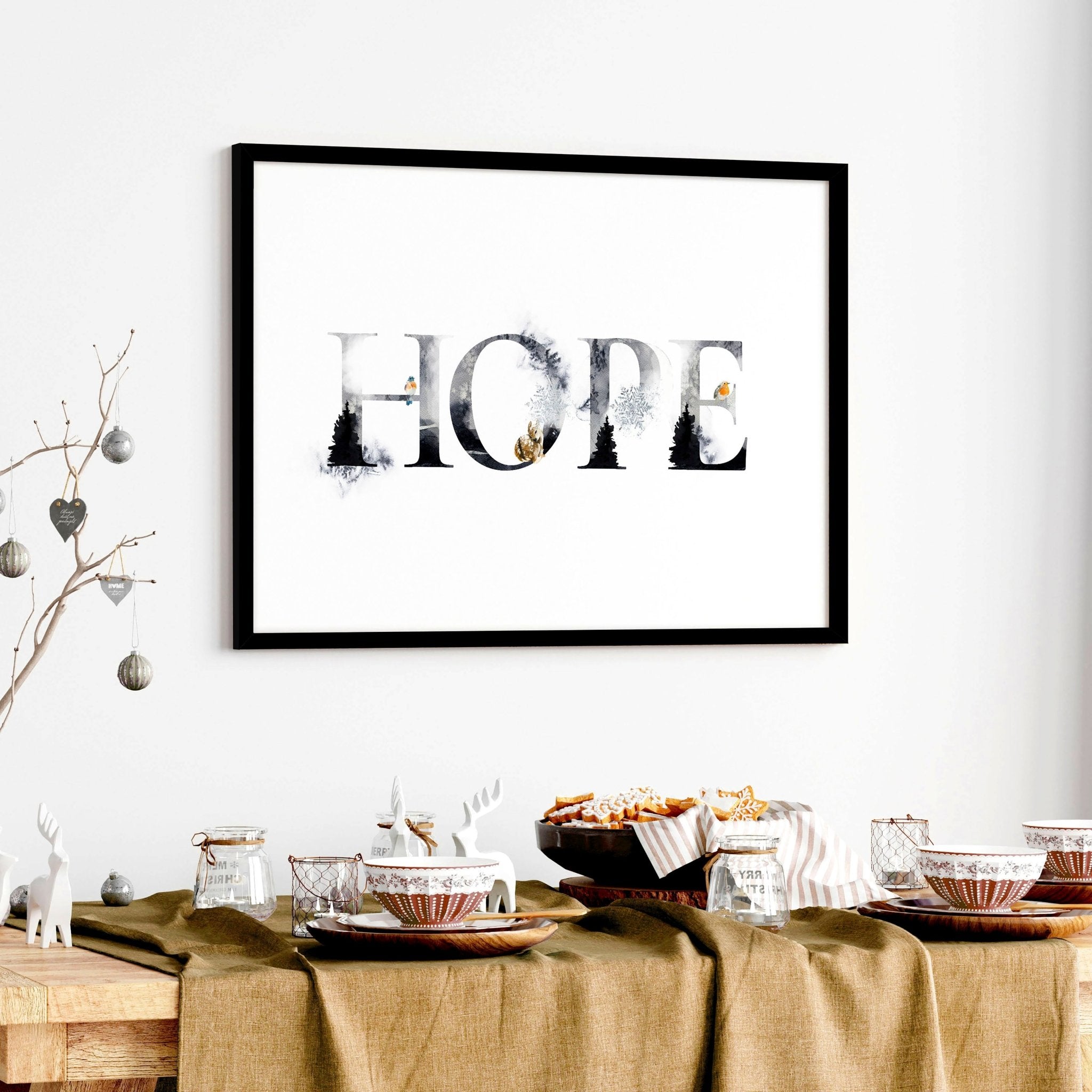 Hope Wall Art Print featuring Scandinavian design with grayscale and golden accents, perfect for Christmas decor.