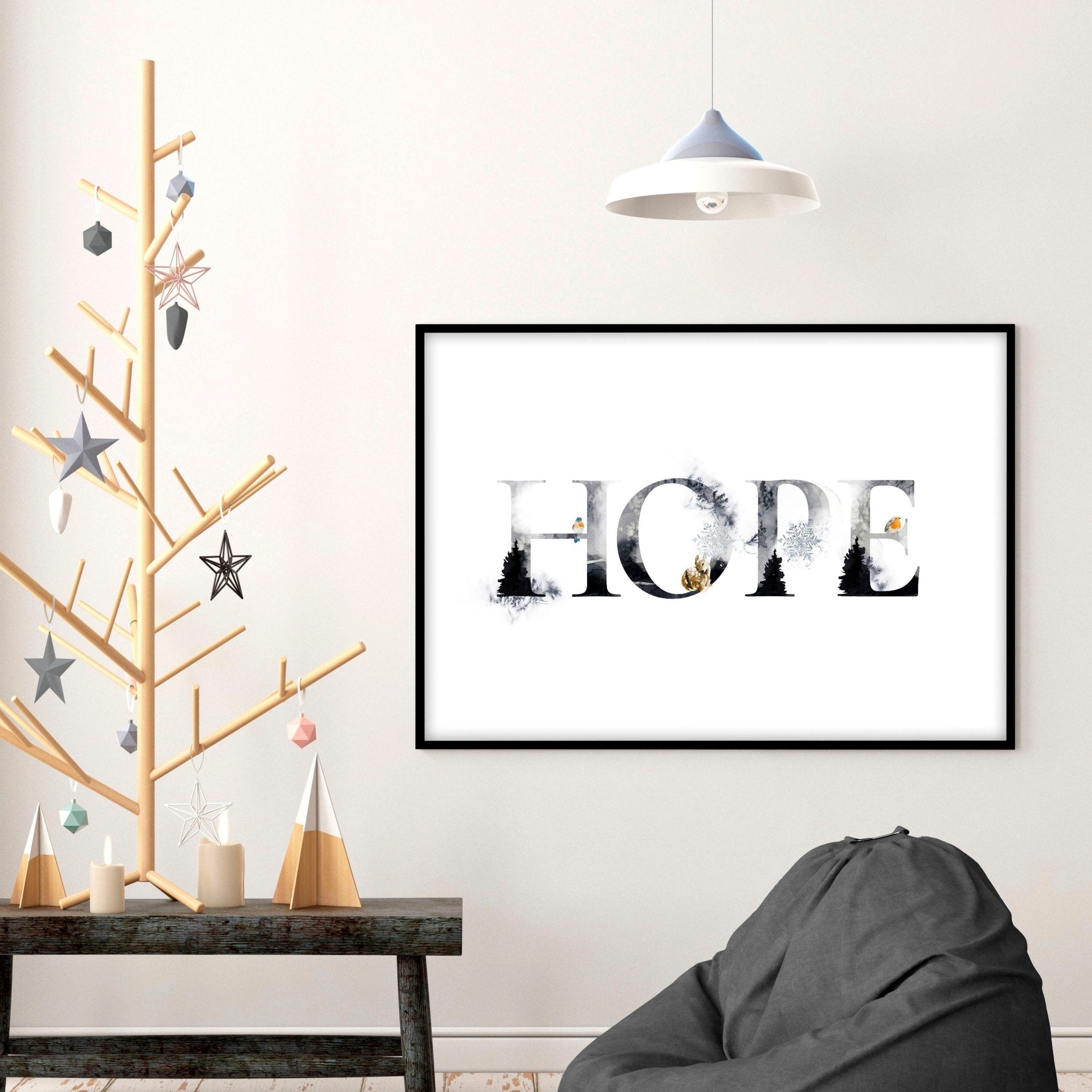 Hope Wall Art Print featuring Scandinavian design with grayscale and golden accents, perfect for Christmas decor.