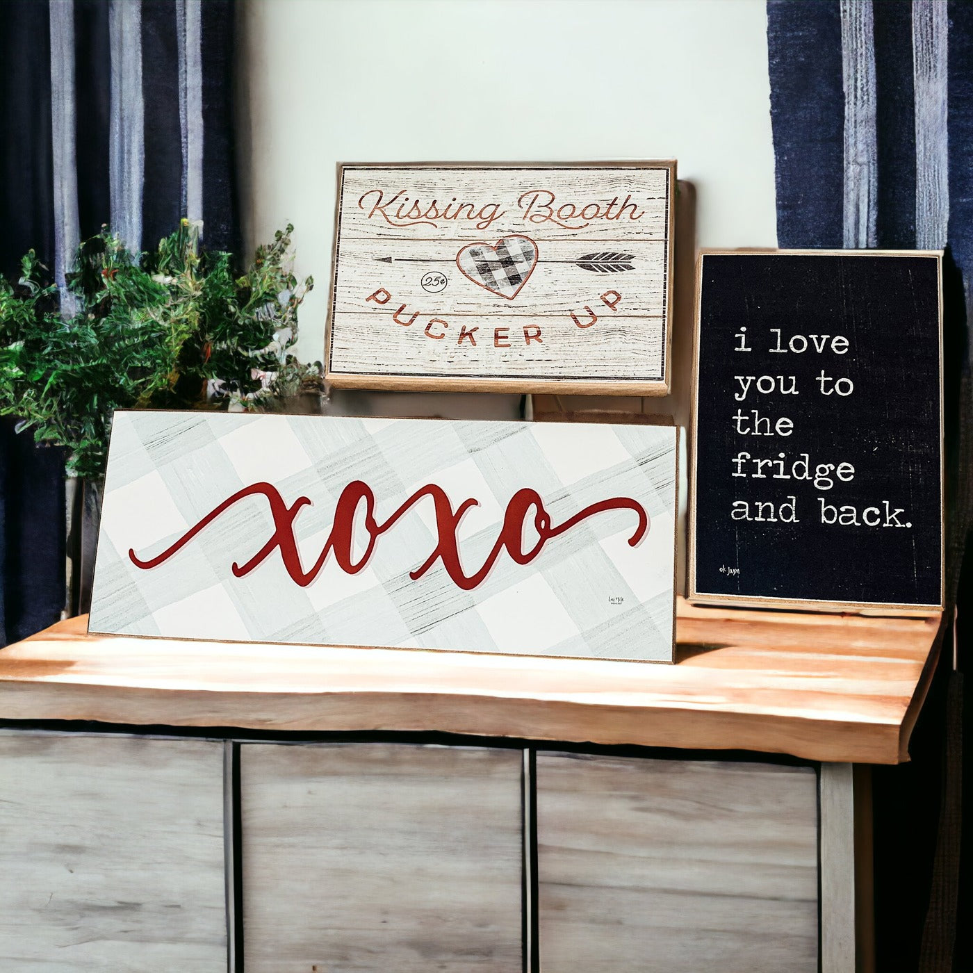 Handmade XOXO Sign made of thick wood with a light gray and white checkered background and darker red script, perfect for Valentine's Day decor.