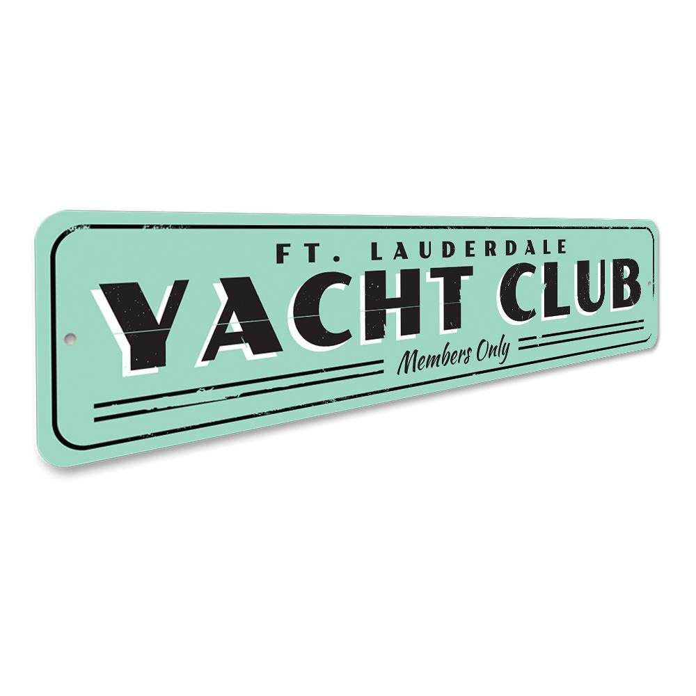 A beautifully crafted Yacht Club Sign made of high-quality aluminum, featuring customizable text and a coastal design, perfect for beach houses and decor.