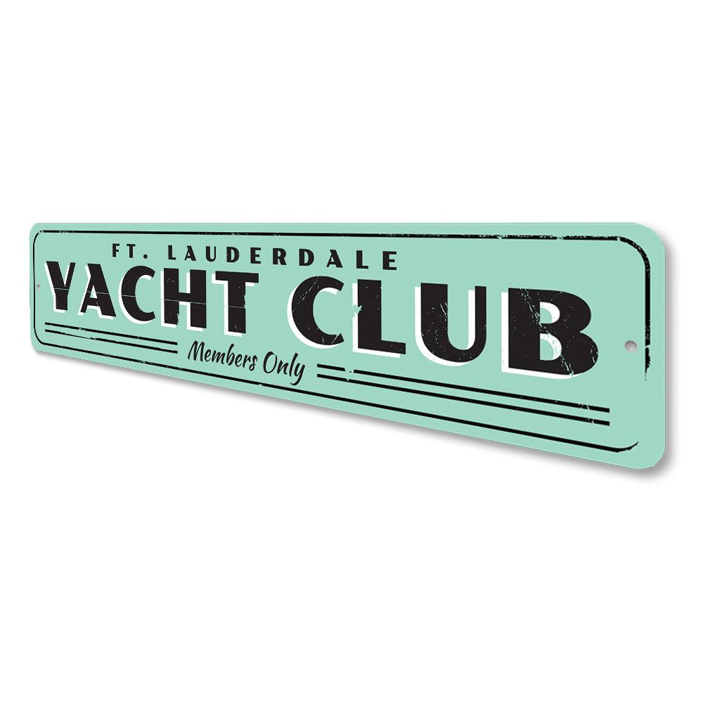 A beautifully crafted Yacht Club Sign made of high-quality aluminum, featuring customizable text and a coastal design, perfect for beach houses and decor.