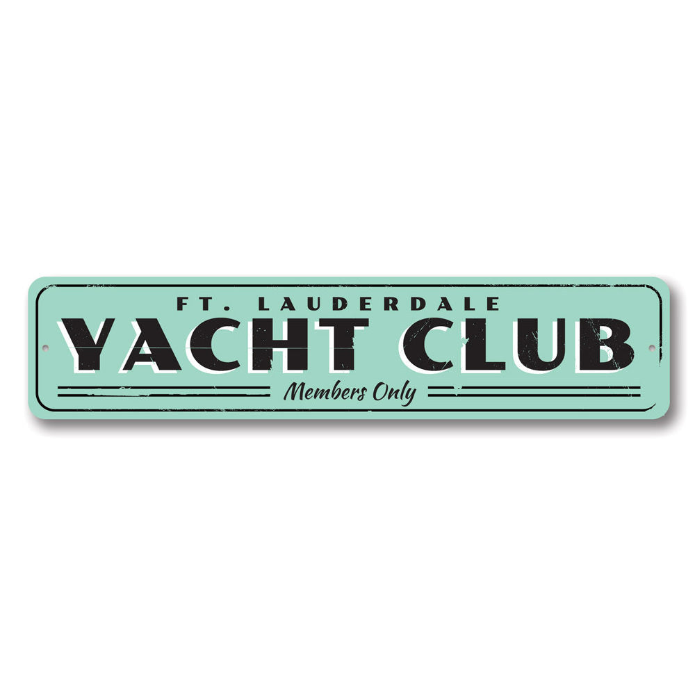 A beautifully crafted Yacht Club Sign made of high-quality aluminum, featuring customizable text and a coastal design, perfect for beach houses and decor.