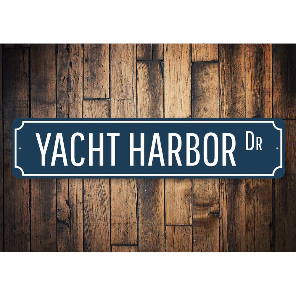 Yacht Harbor Drive Sign made of high-quality aluminum, featuring customizable text and pre-drilled holes for easy mounting.