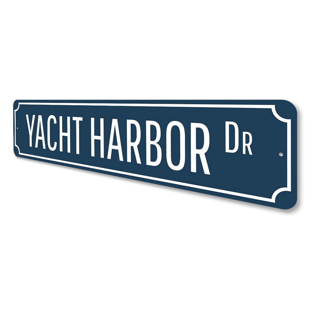 Yacht Harbor Drive Sign made of high-quality aluminum, featuring customizable text and pre-drilled holes for easy mounting.