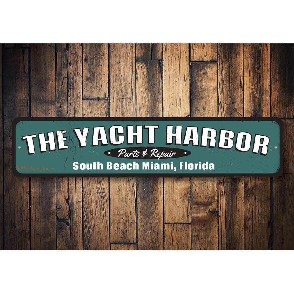 Customizable Yacht Harbor Sign made of high-quality aluminum, featuring a beach-themed design, perfect for coastal decor.