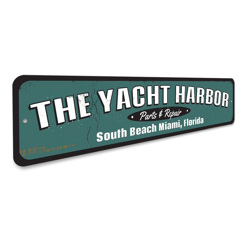 Customizable Yacht Harbor Sign made of high-quality aluminum, featuring a beach-themed design, perfect for coastal decor.