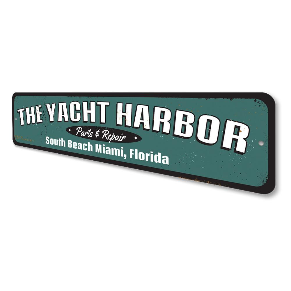 Customizable Yacht Harbor Sign made of high-quality aluminum, featuring a beach-themed design, perfect for coastal decor.