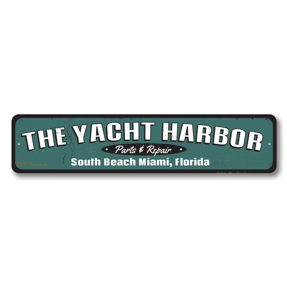 Customizable Yacht Harbor Sign made of high-quality aluminum, featuring a beach-themed design, perfect for coastal decor.