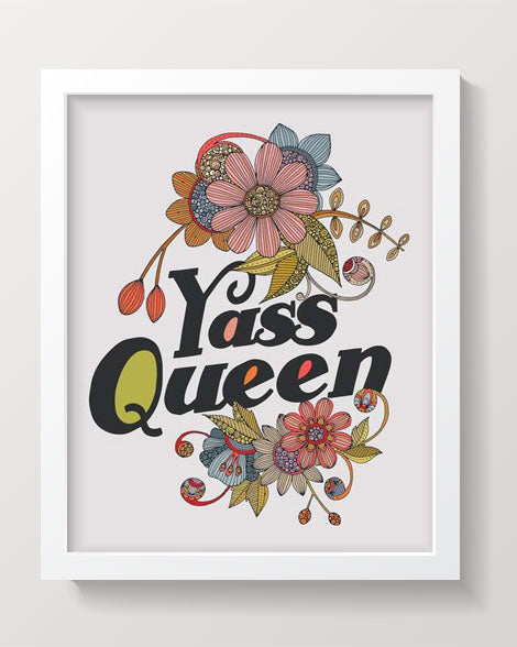 Yass Queen archival art print featuring vibrant colors and intricate pen and ink details on matte card stock.