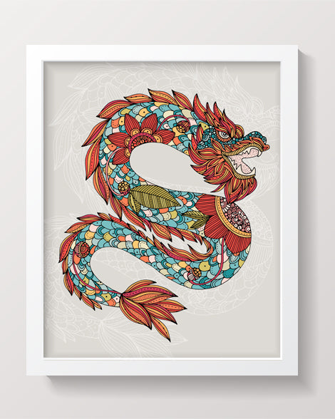 Vibrant Year of the Dragon 2024 artwork printed on heavy matte card stock, showcasing intricate designs and colors.