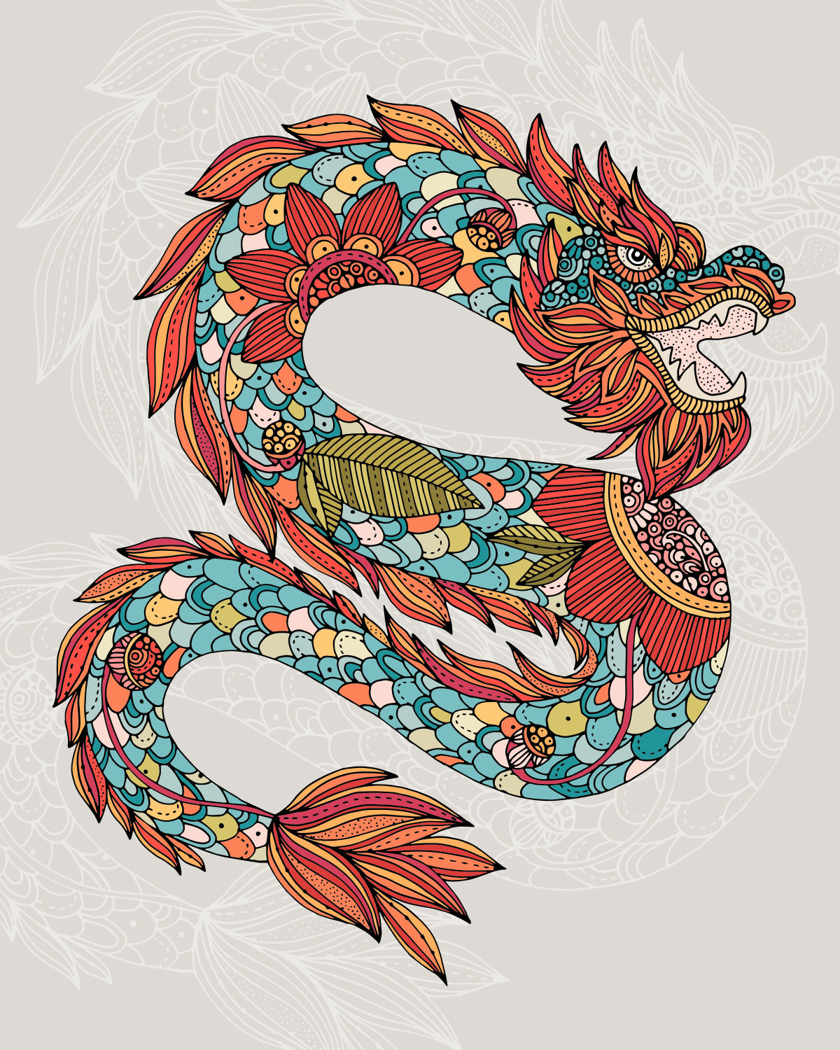 Vibrant Year of the Dragon 2024 artwork printed on heavy matte card stock, showcasing intricate designs and colors.