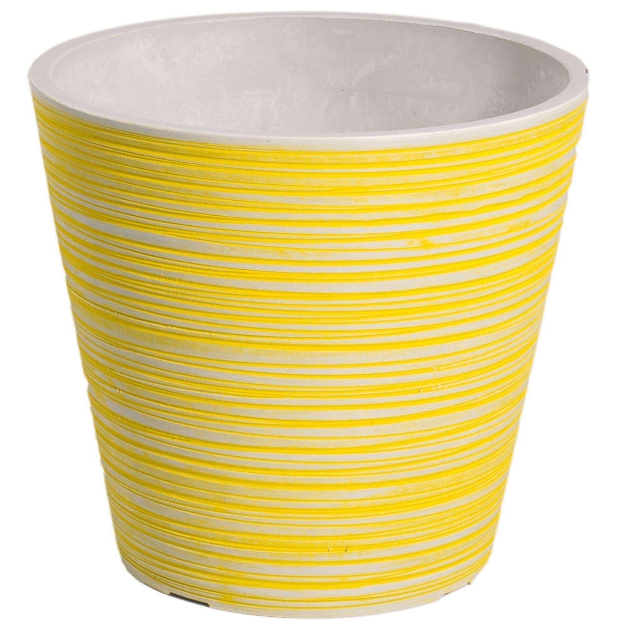 A beautifully hand engraved yellow and white garden pot, made from recycled materials, showcasing intricate contours and a modern design.