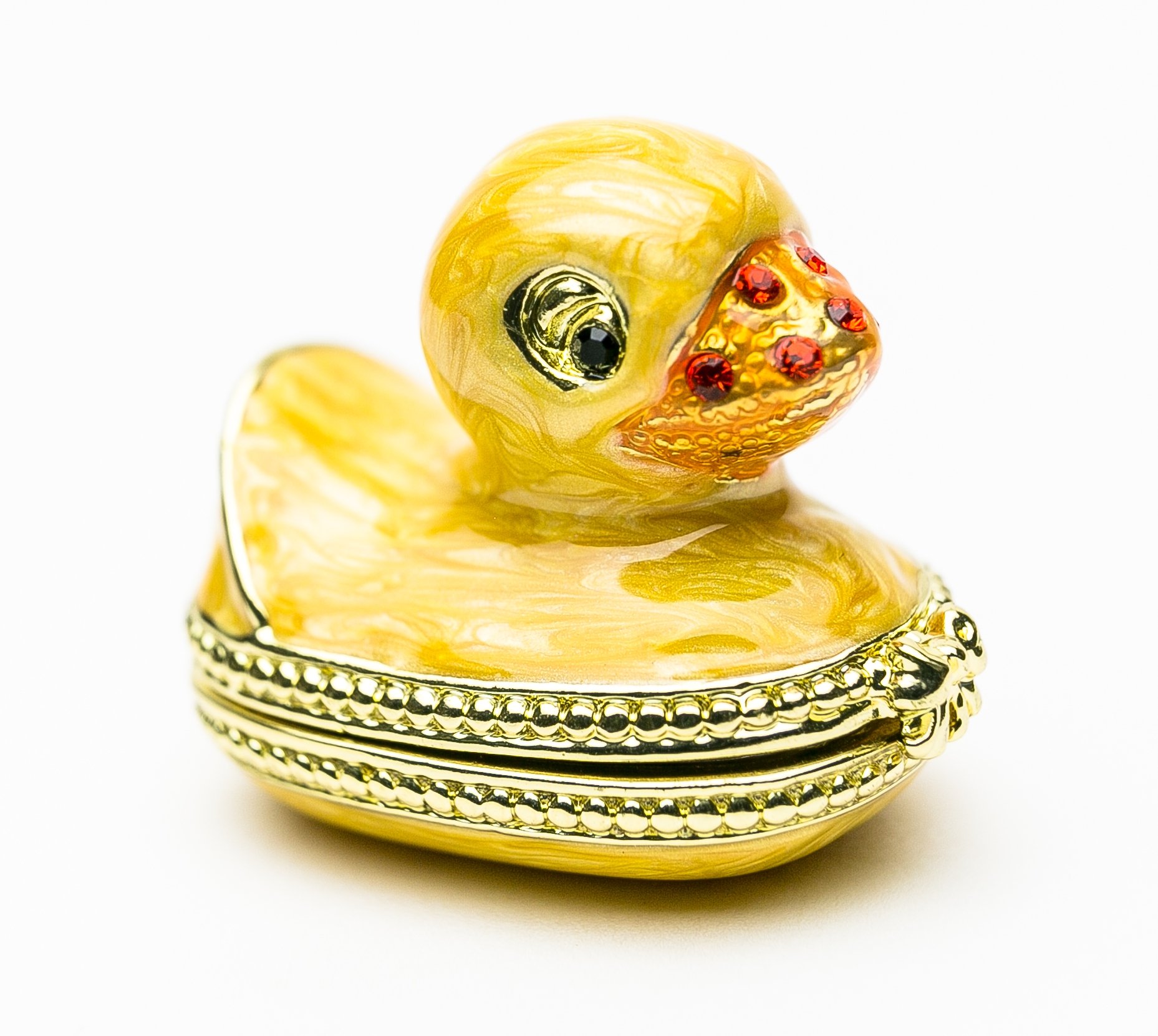 A charming yellow bath duck trinket box, handmade with 24K gold plating and adorned with sparkling Austrian crystals.