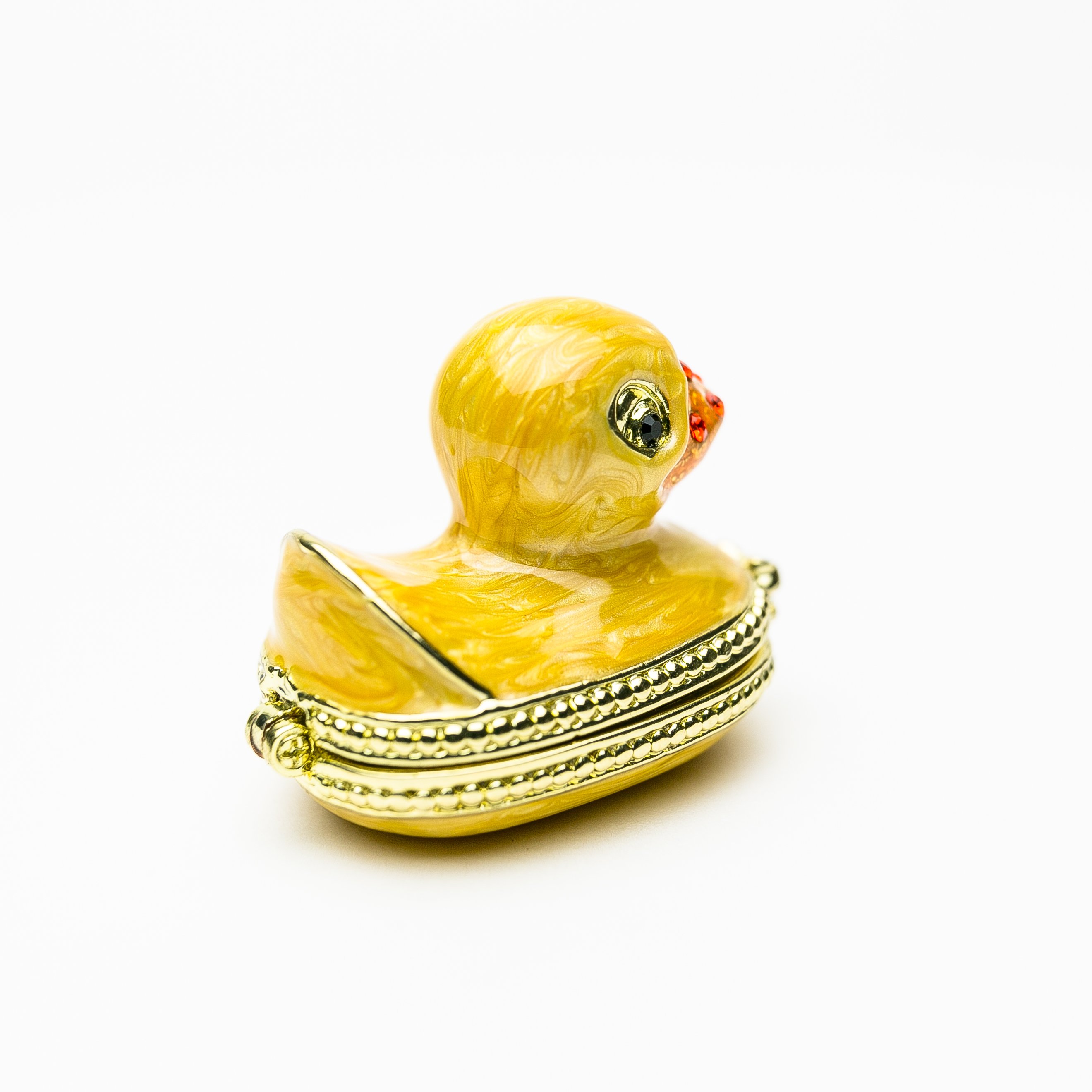 A charming yellow bath duck trinket box, handmade with 24K gold plating and adorned with sparkling Austrian crystals.