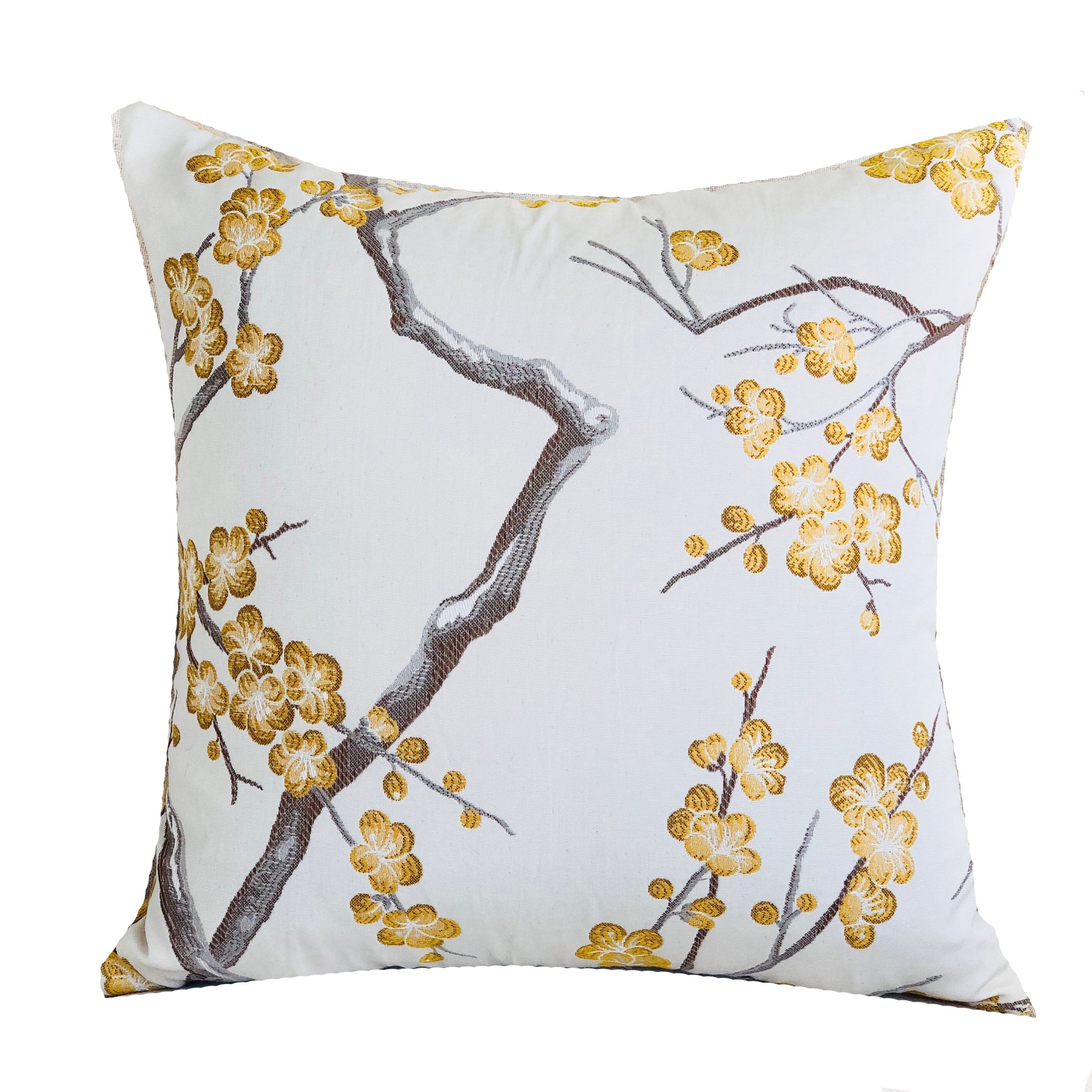 Yellow Blossom Yellow and Gray Handmade Luxury Pillow featuring a floral design, double-sided with an invisible zipper, made in the USA.