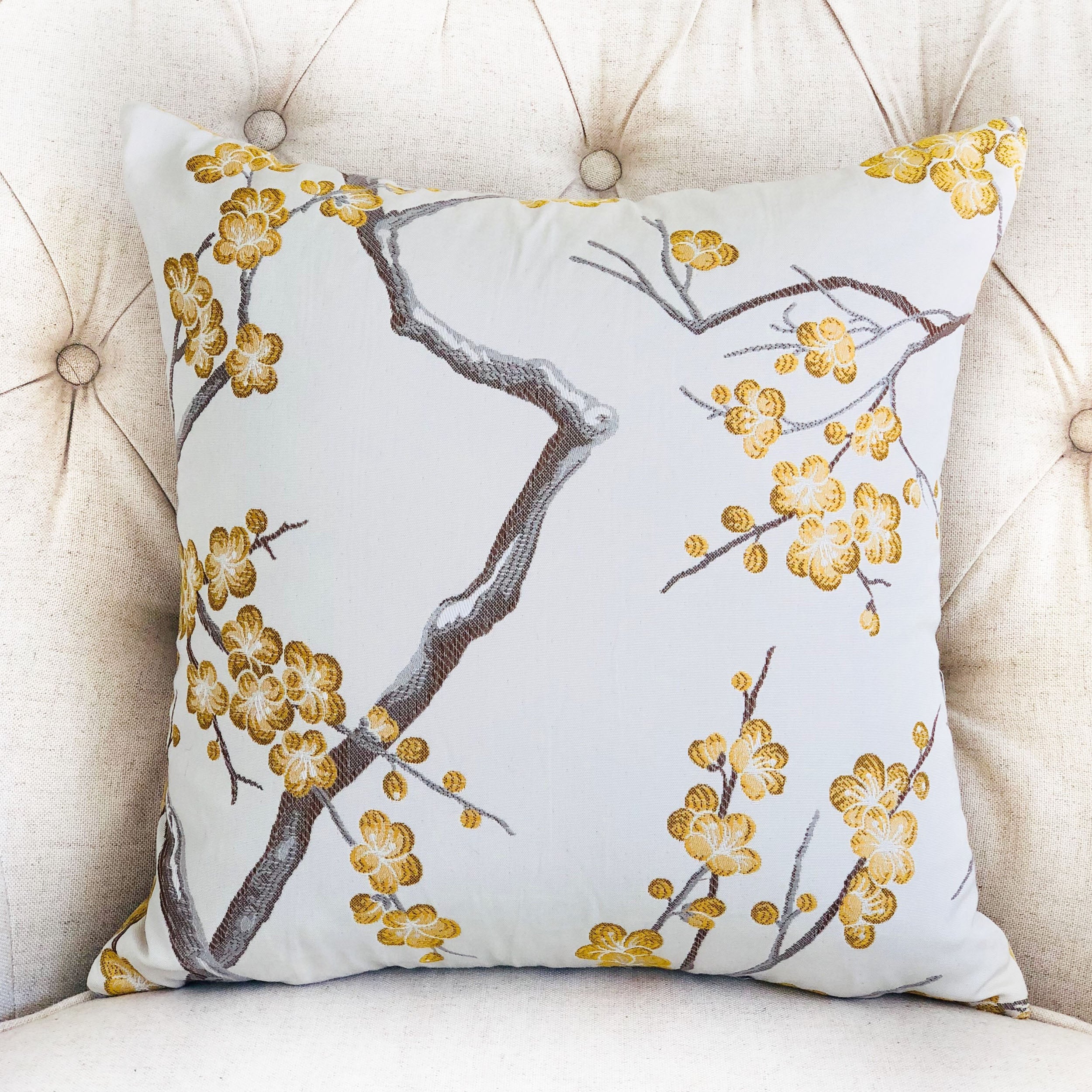 Yellow Blossom Yellow and Gray Handmade Luxury Pillow featuring a floral design, double-sided with an invisible zipper, made in the USA.