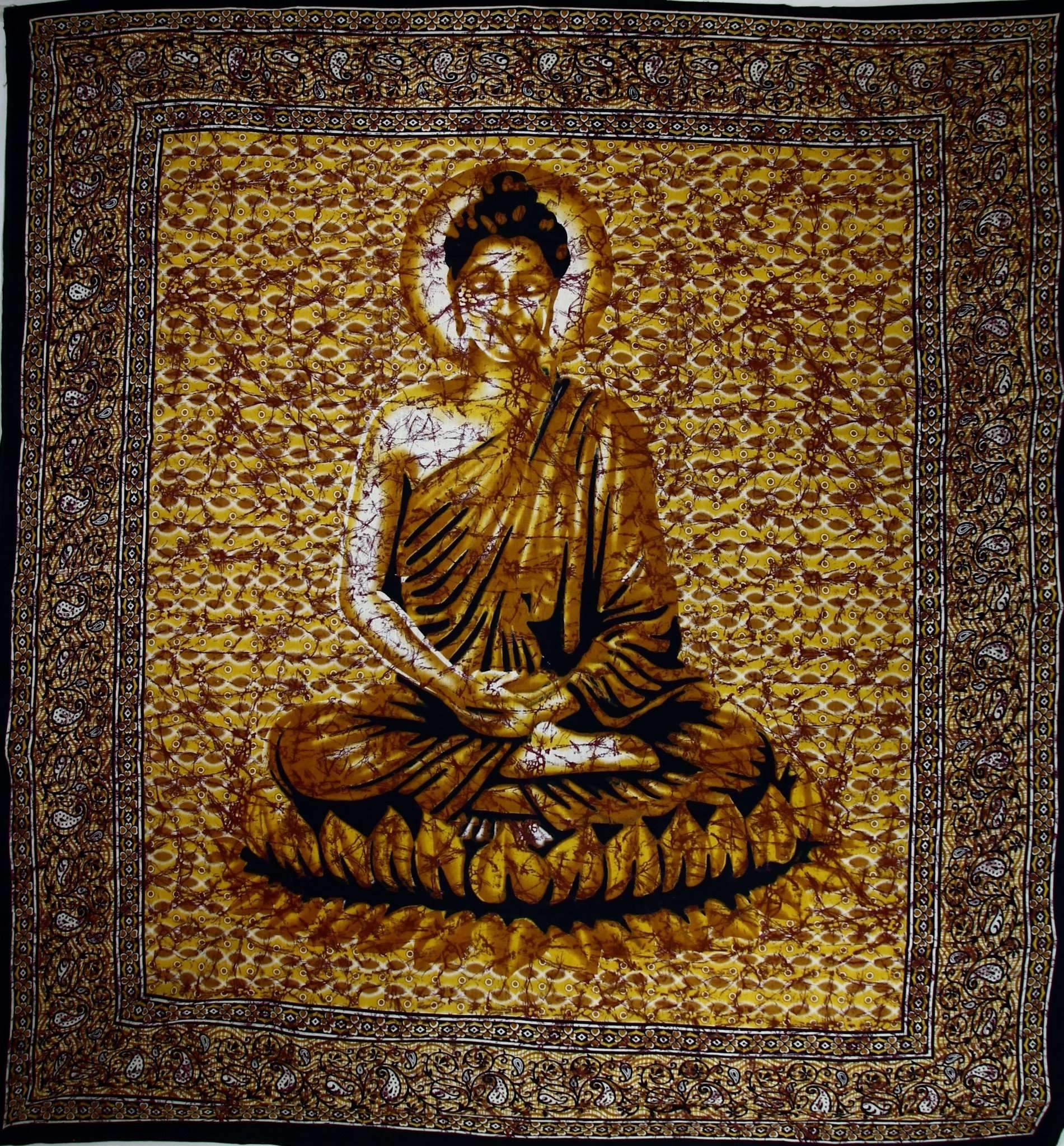 A vibrant yellow tapestry featuring Buddha meditating on a lotus flower, showcasing intricate batik design and stone-like textures.