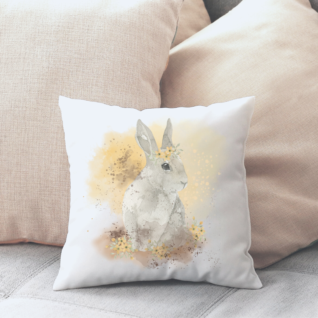 Yellow Flower Bunny Art Pillow Cover featuring a vibrant floral design on a soft linen fabric, perfect for Spring decor.