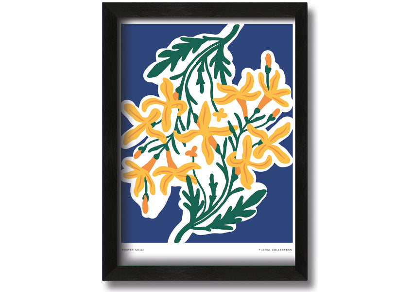 Framed print of vibrant yellow flowers on a blue background, showcasing a beautiful contrast.