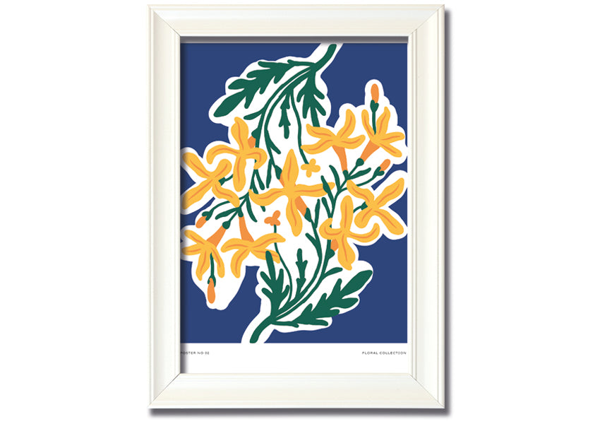 Framed print of vibrant yellow flowers on a blue background, showcasing a beautiful contrast.