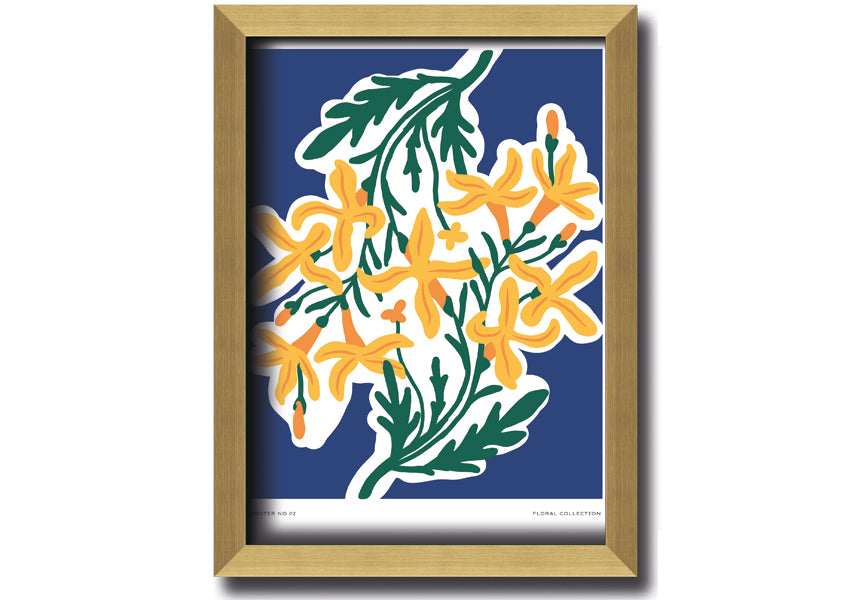 Framed print of vibrant yellow flowers on a blue background, showcasing a beautiful contrast.