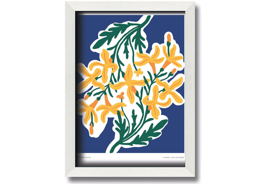 Framed print of vibrant yellow flowers on a blue background, showcasing a beautiful contrast.