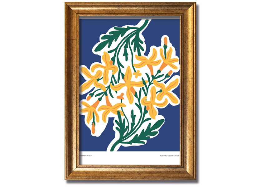 Framed print of vibrant yellow flowers on a blue background, showcasing a beautiful contrast.