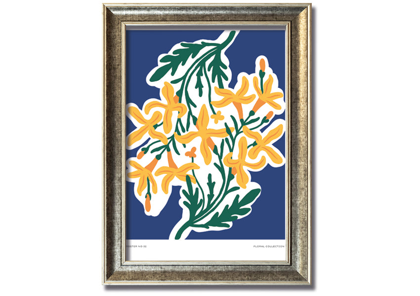 Framed print of vibrant yellow flowers on a blue background, showcasing a beautiful contrast.