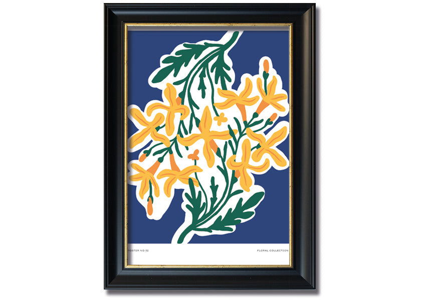 Framed print of vibrant yellow flowers on a blue background, showcasing a beautiful contrast.