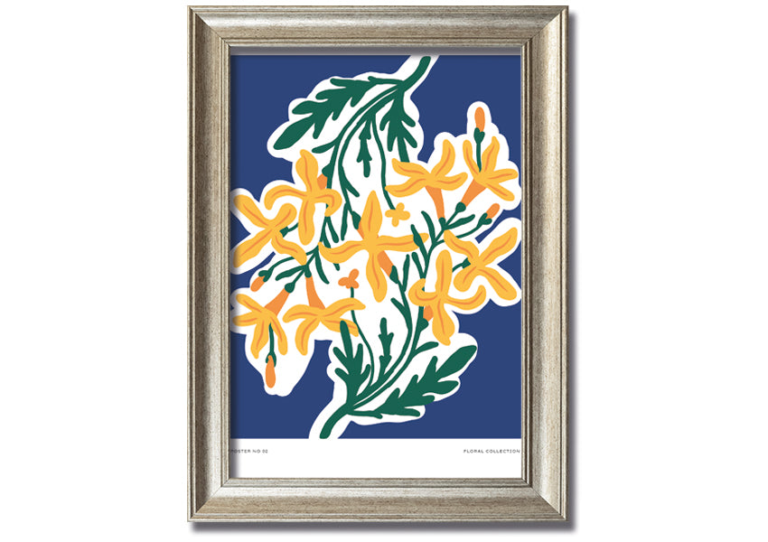 Framed print of vibrant yellow flowers on a blue background, showcasing a beautiful contrast.