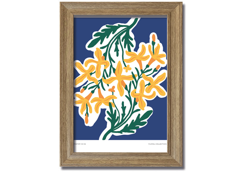 Framed print of vibrant yellow flowers on a blue background, showcasing a beautiful contrast.