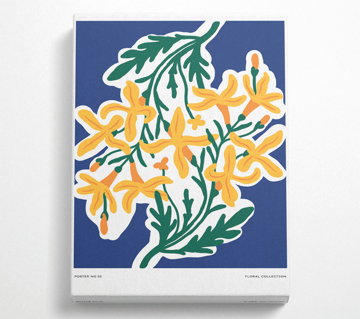 A vibrant canvas art piece featuring yellow flowers on a blue background, mounted on a sturdy box frame, ready to hang.