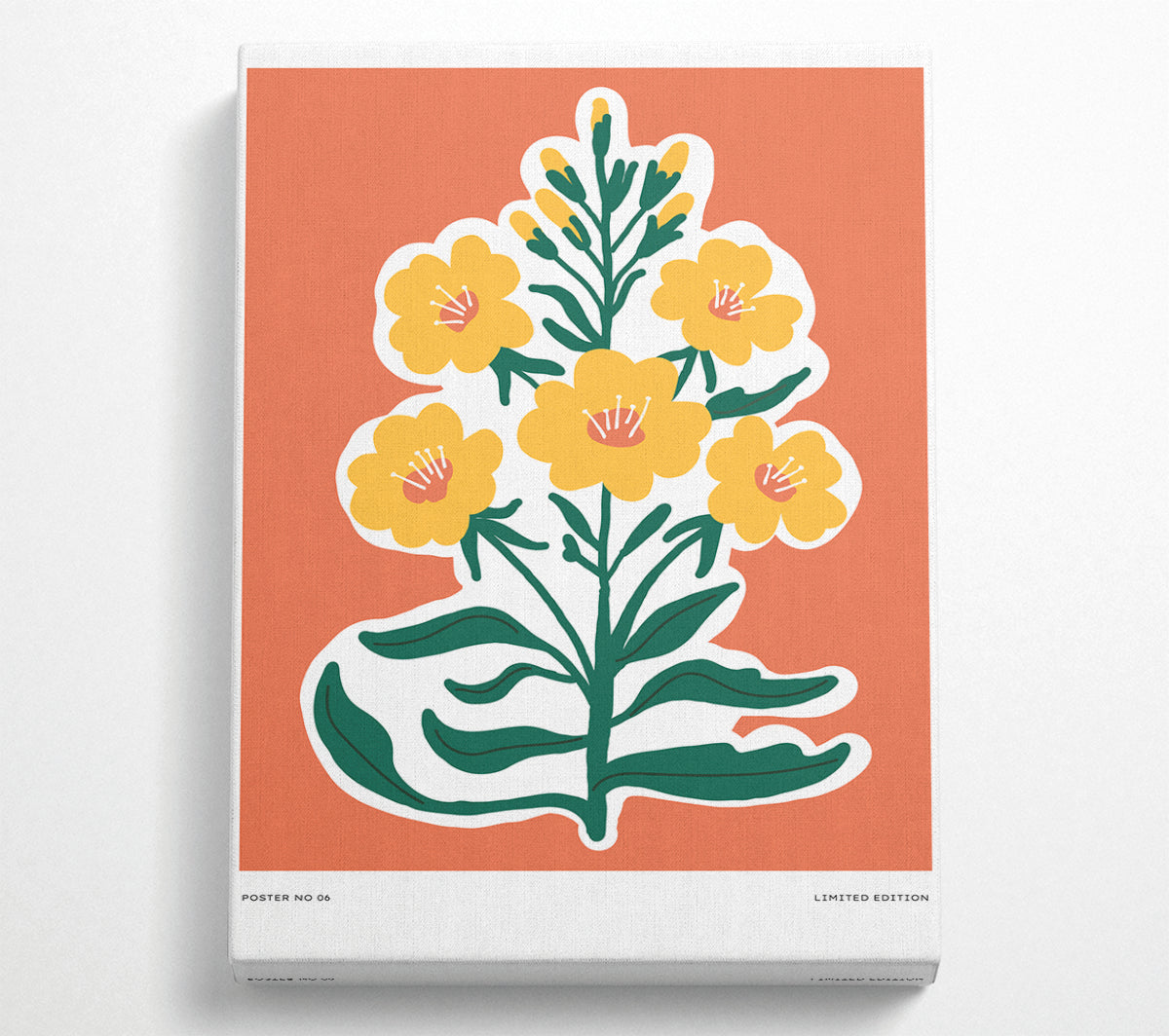 Vibrant yellow flowers on a bold orange background, printed on coated polyester canvas and mounted on a 44mm box frame.