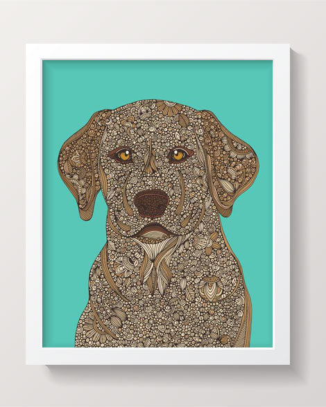 A vibrant Yellow Lab Art Print featuring original pen and ink artwork with digital coloring, perfect for dog lovers.