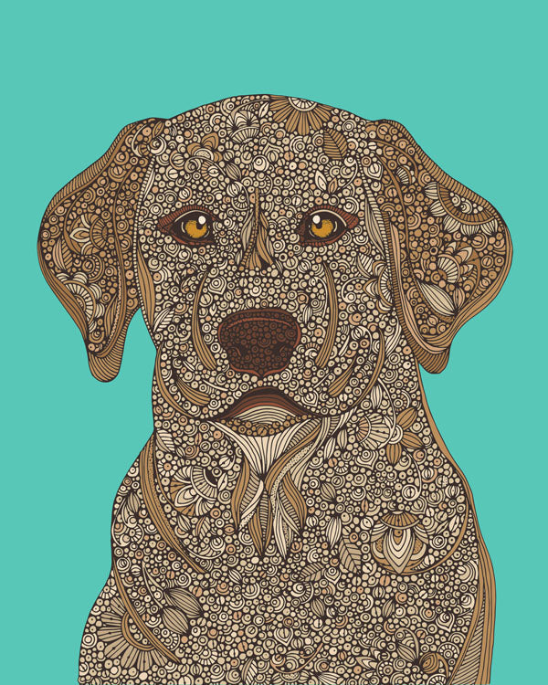 A vibrant Yellow Lab Art Print featuring original pen and ink artwork with digital coloring, perfect for dog lovers.