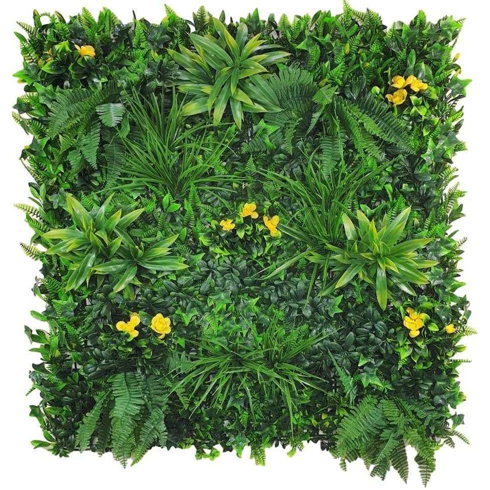 A vibrant Yellow Rose Artificial Vertical Garden featuring lush tropical foliage and bright yellow roses, perfect for enhancing any wall or surface.