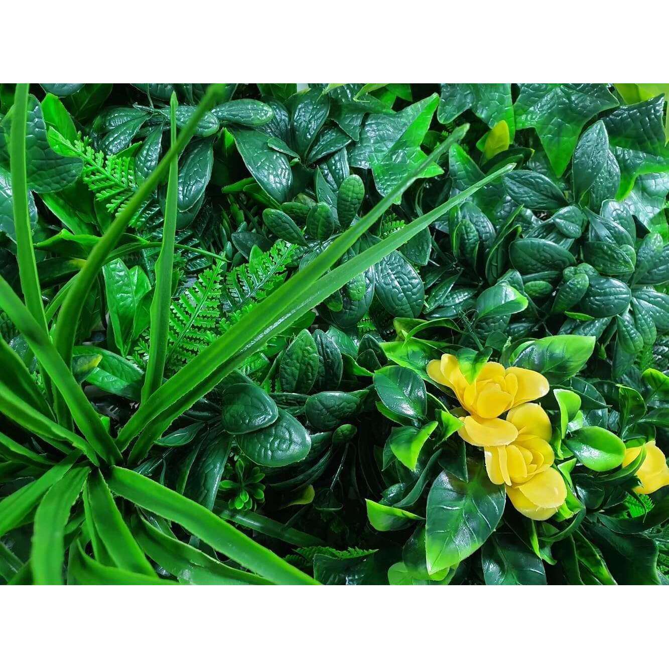 A vibrant Yellow Rose Artificial Vertical Garden featuring lush tropical foliage and bright yellow roses, perfect for enhancing any wall or surface.