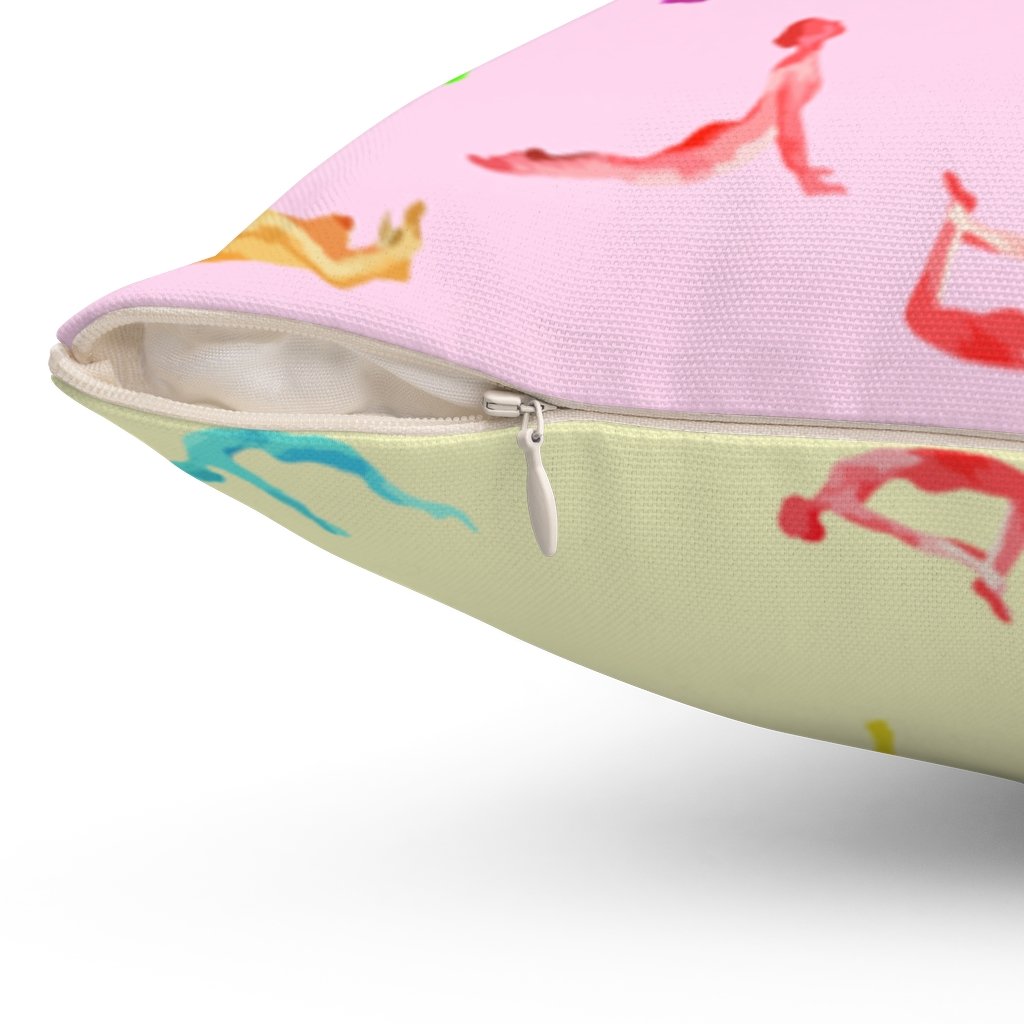 Yoga Sanctuary Square Pillow with vibrant double-sided print, featuring a concealed zipper and soft polyester filling.