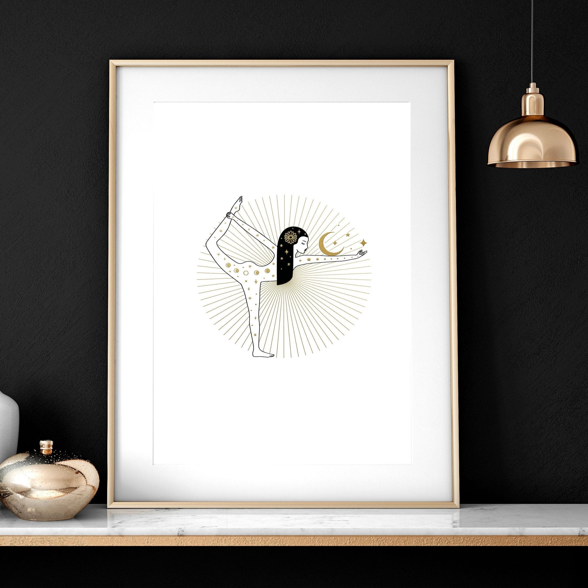 Set of 3 yoga wall art prints featuring elegant designs in black, white, and gold, perfect for enhancing any living space.