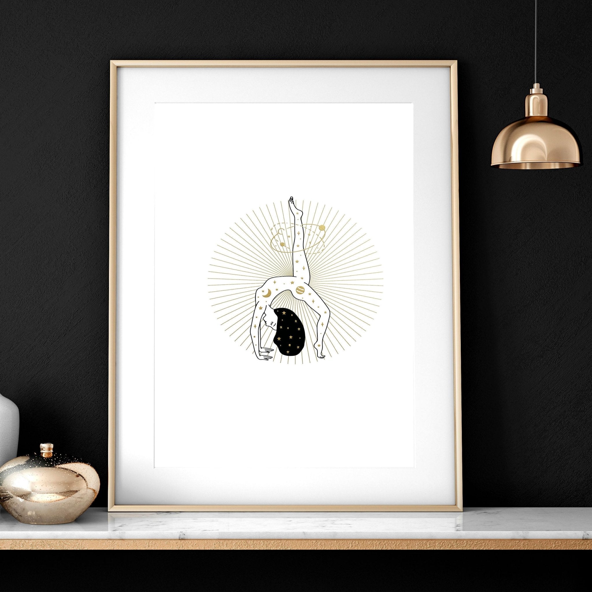 Set of 3 yoga wall art prints featuring elegant designs in black, white, and gold, perfect for enhancing any living space.