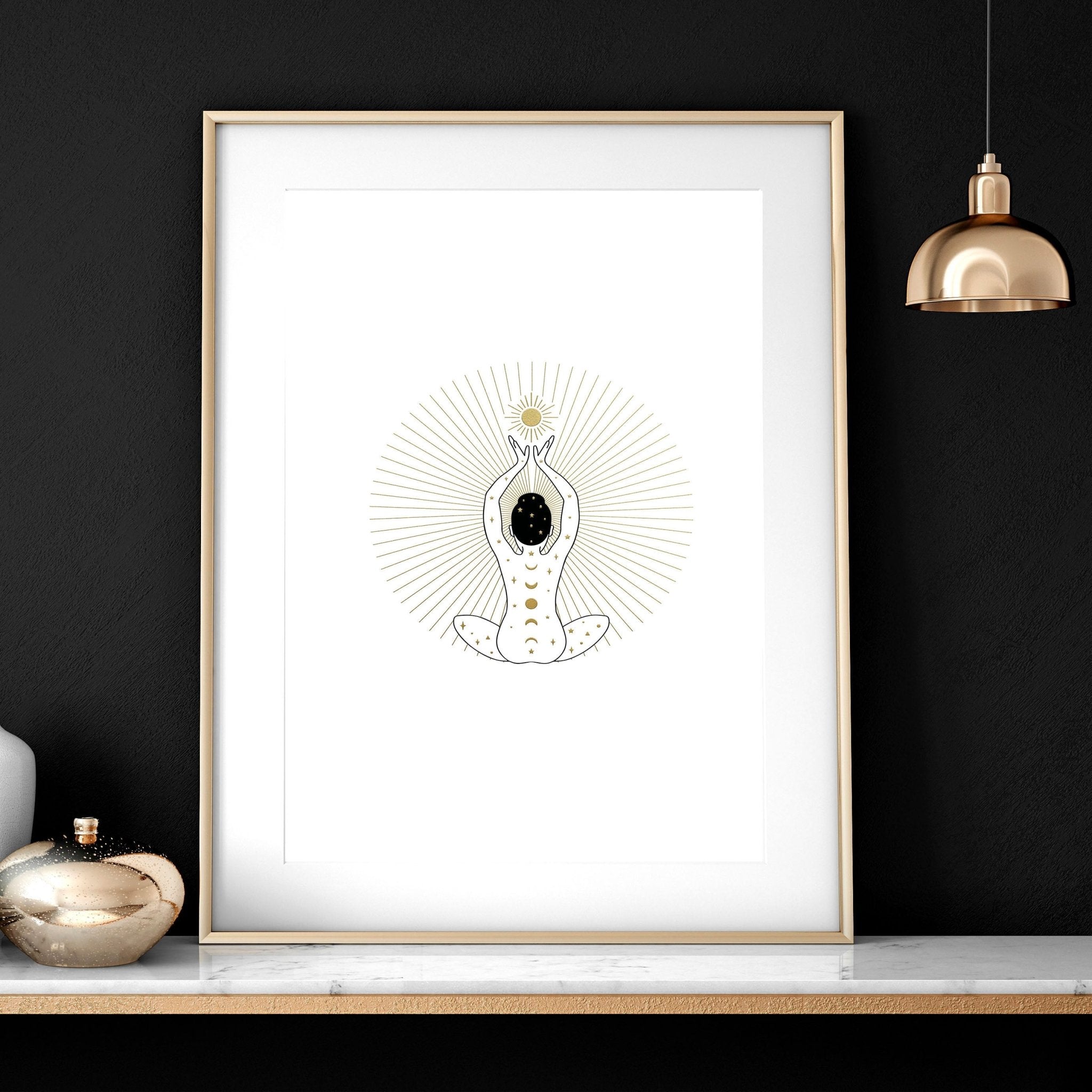 Set of 3 yoga wall art prints featuring elegant designs in black, white, and gold, perfect for enhancing any living space.