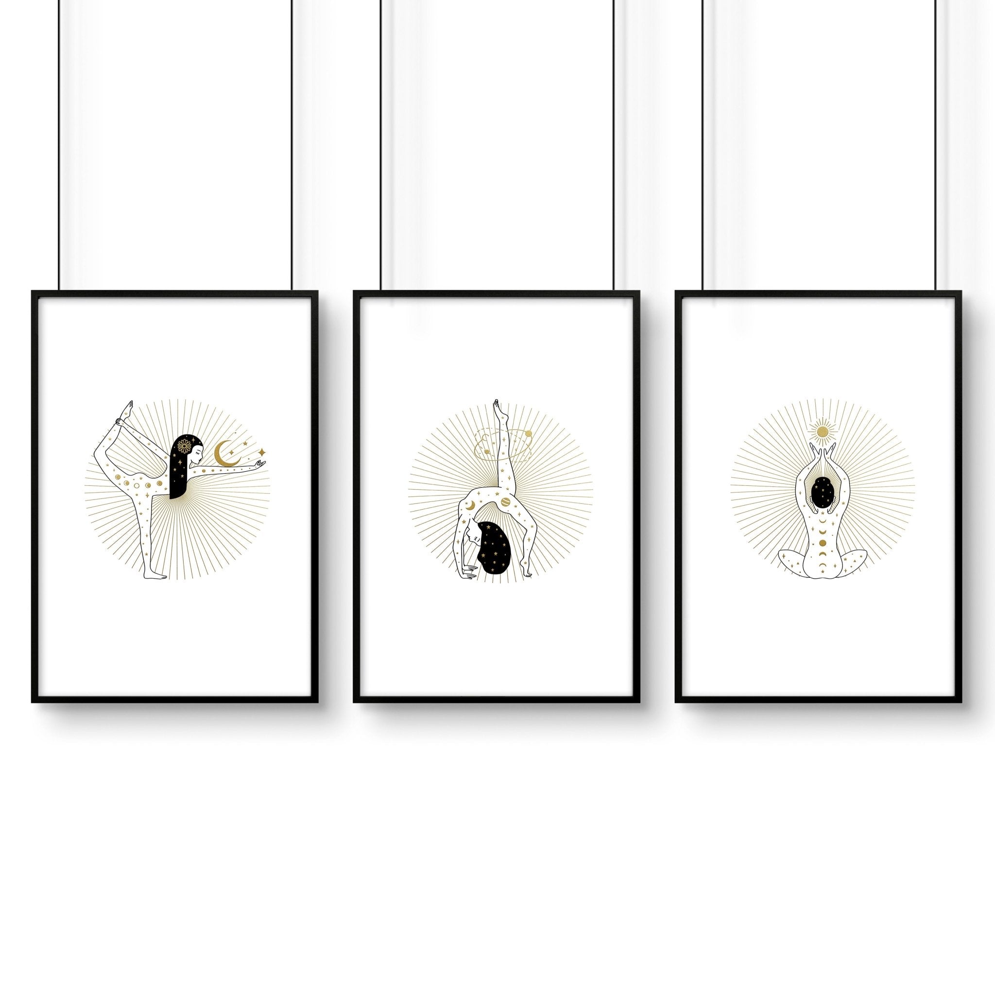 Set of 3 yoga wall art prints featuring elegant designs in black, white, and gold, perfect for enhancing any living space.