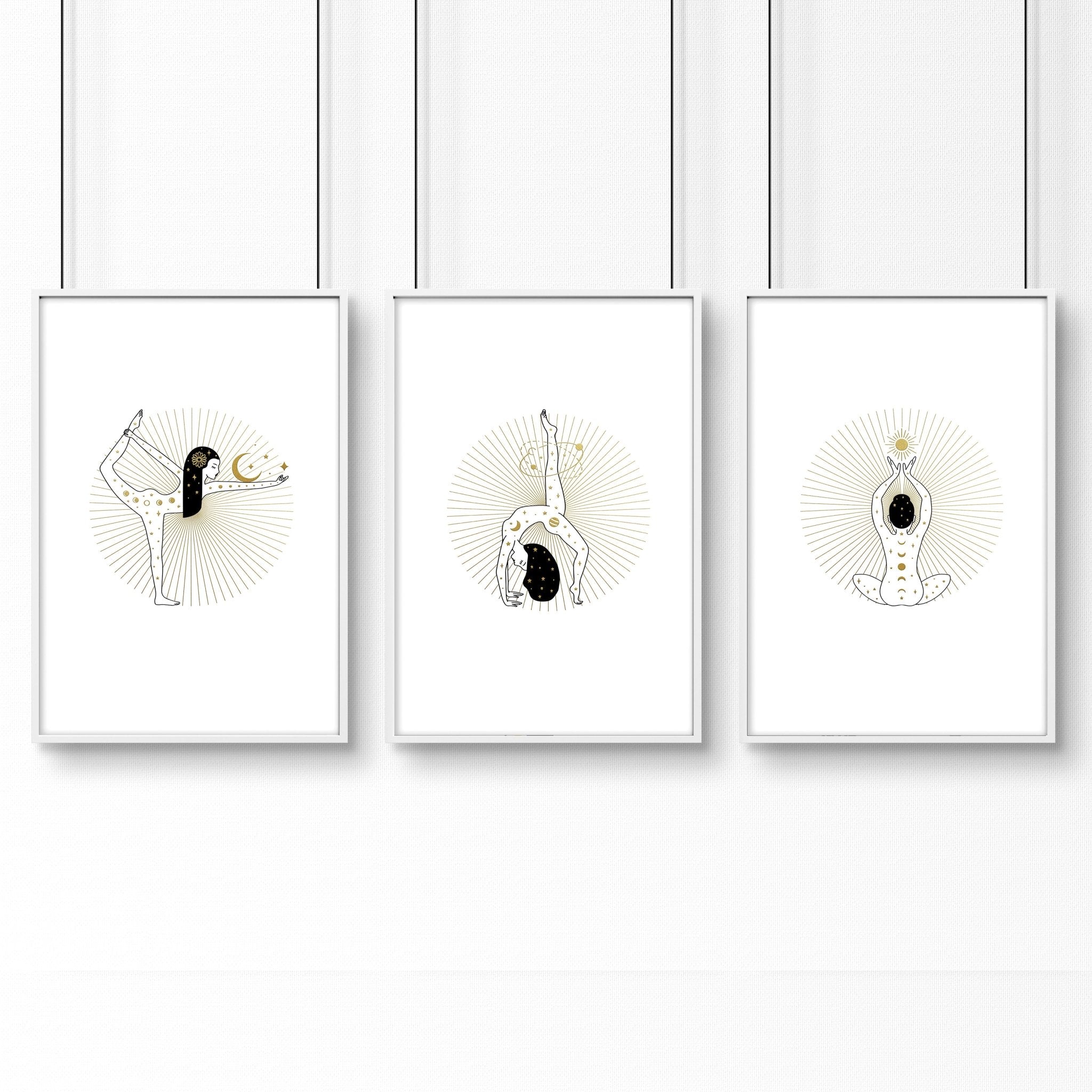 Set of 3 yoga wall art prints featuring elegant designs in black, white, and gold, perfect for enhancing any living space.