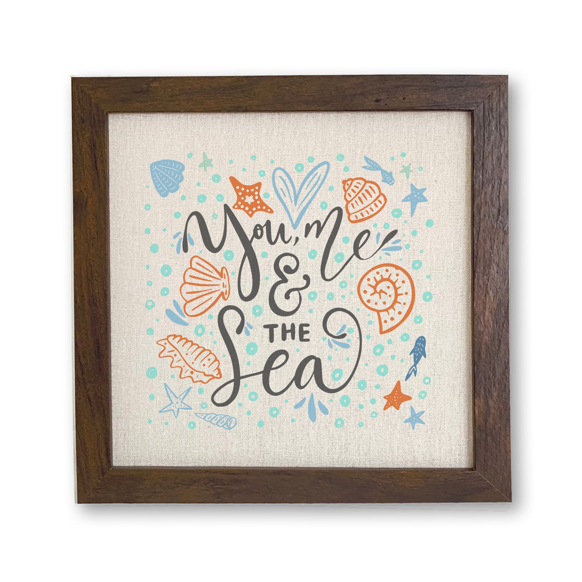 You Me and the Sea Framed Sign featuring a stylized wood frame with a linen-look background, perfect for coastal decor.