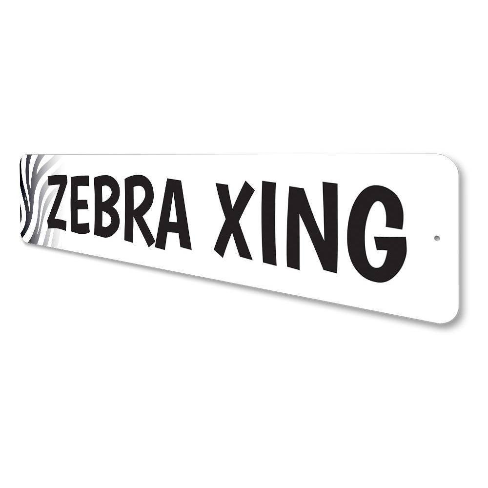 A decorative Zebra Crossing Sign made from high-quality aluminum, featuring customizable text options, ideal for home or office decor.